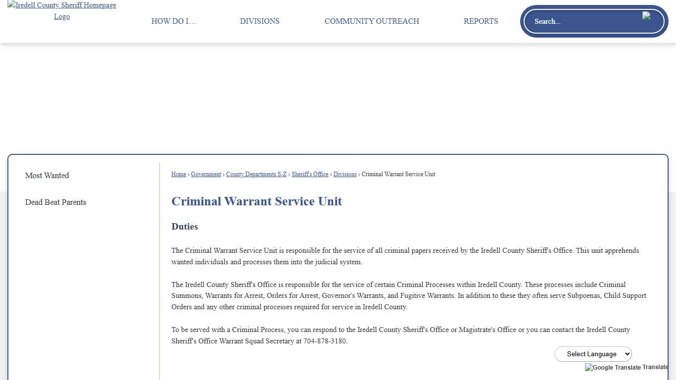 Criminal Warrant Service Unit | Iredell County, NC